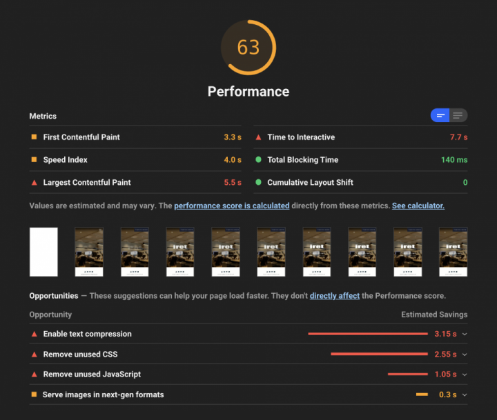 リニューアル前のアイレットコーポレートサイトのスコアが表示されたLighthouseの画面。Performance:63点